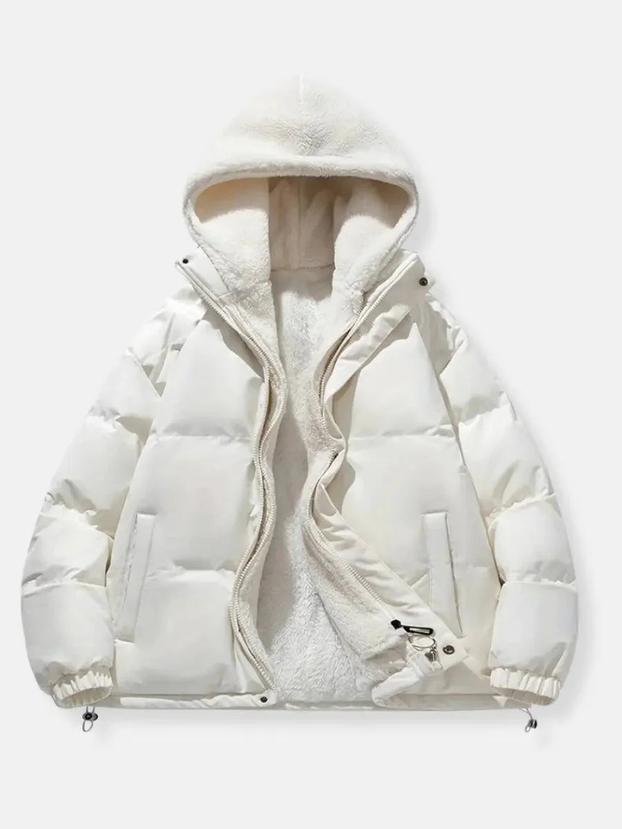 Sabine hooded puffer jacket in white, front view open with fleece lining visible