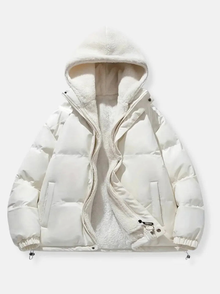Sabine hooded puffer jacket in white, front view open with fleece lining visible