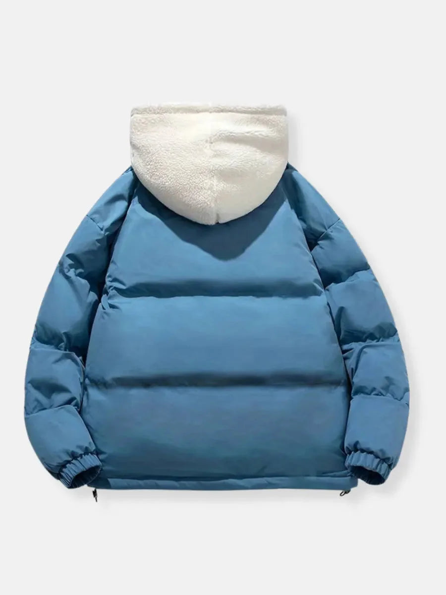 Sabine hooded puffer jacket in blue, back view