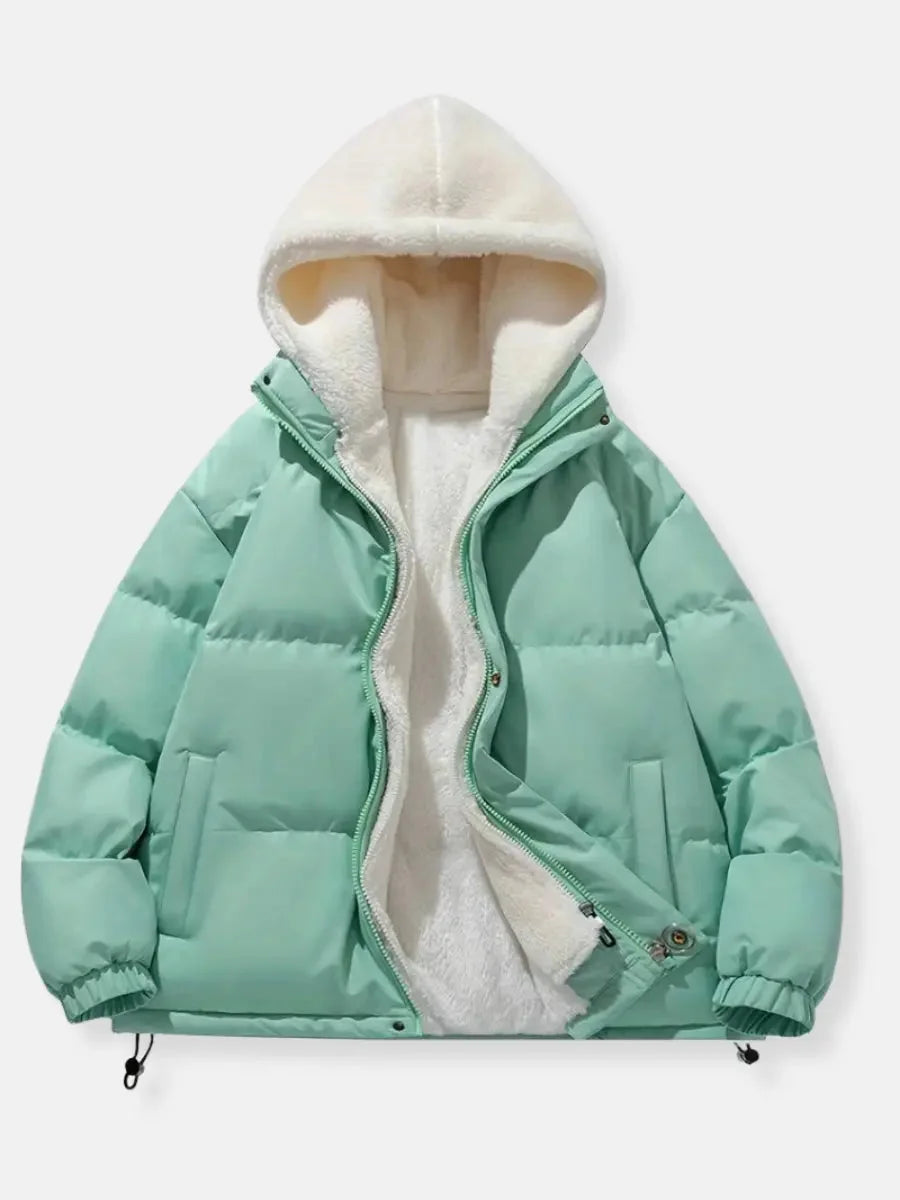 Sabine hooded puffer jacket in mint green, front view open with fleece lining visible
