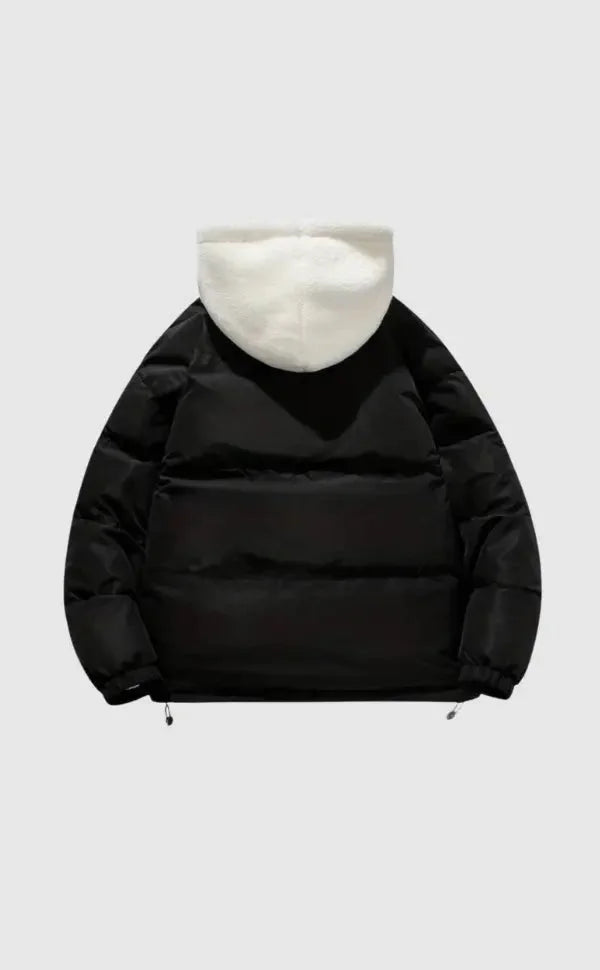 Sabine hooded puffer jacket in black, back view