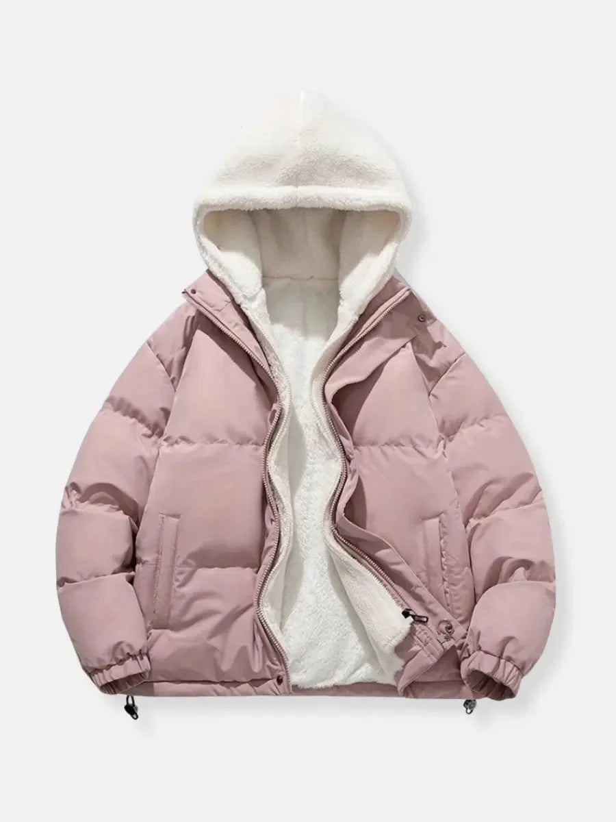 Sabine hooded puffer jacket in pink, front view open with fleece lining visible