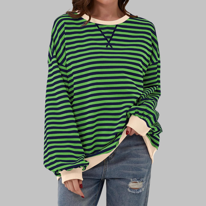 Sabine green and navy striped crew neck long sleeve sweatshirt, front view
