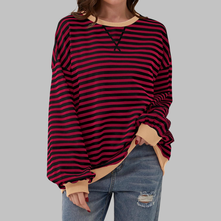 Sabine burgundy and black striped sweatshirt with beige contrast trim, front view
