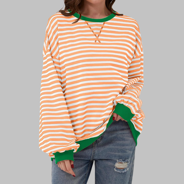 Sabine orange and white striped sweatshirt with green contrast trim, front view