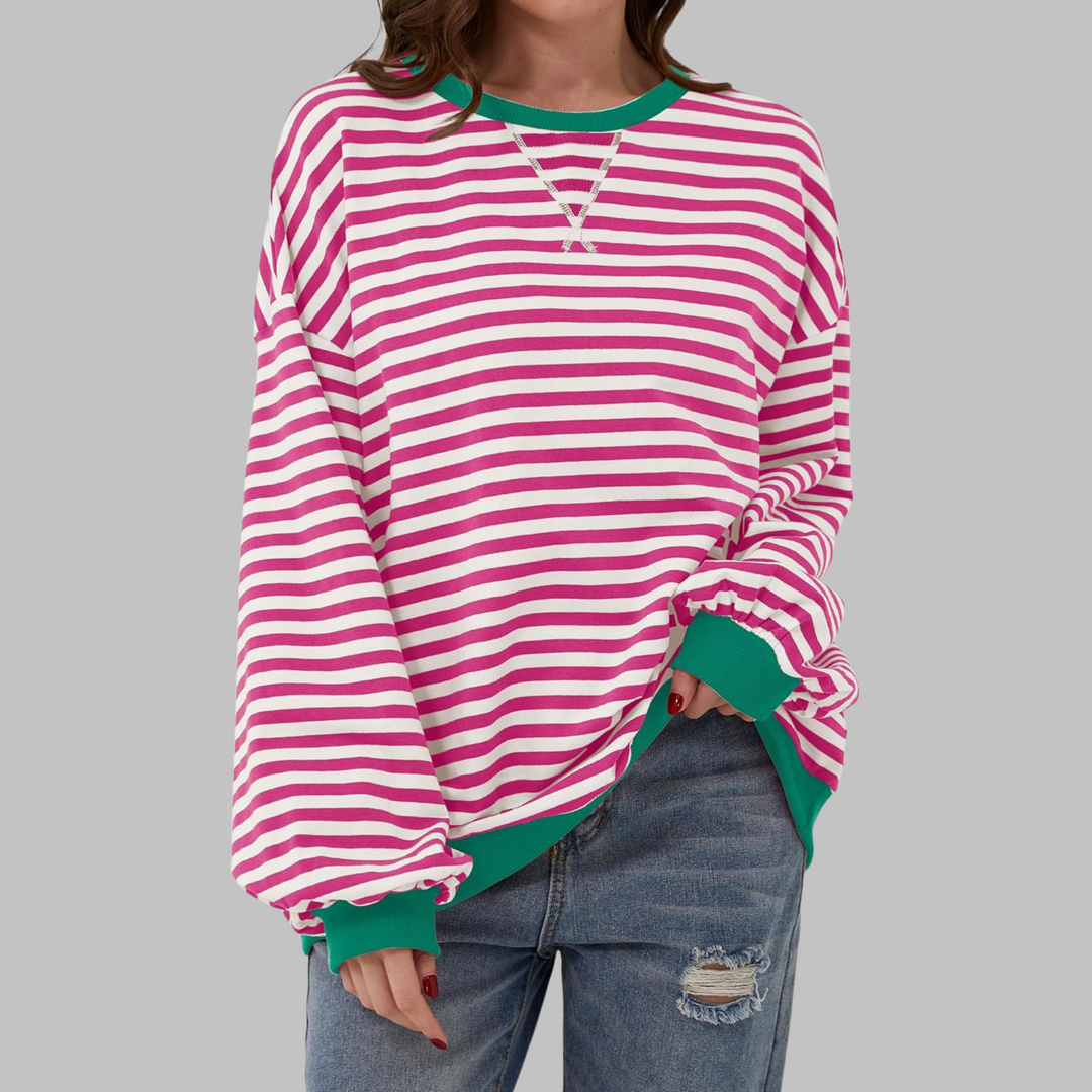 Sabine pink and white striped sweatshirt with green contrast trim, front view