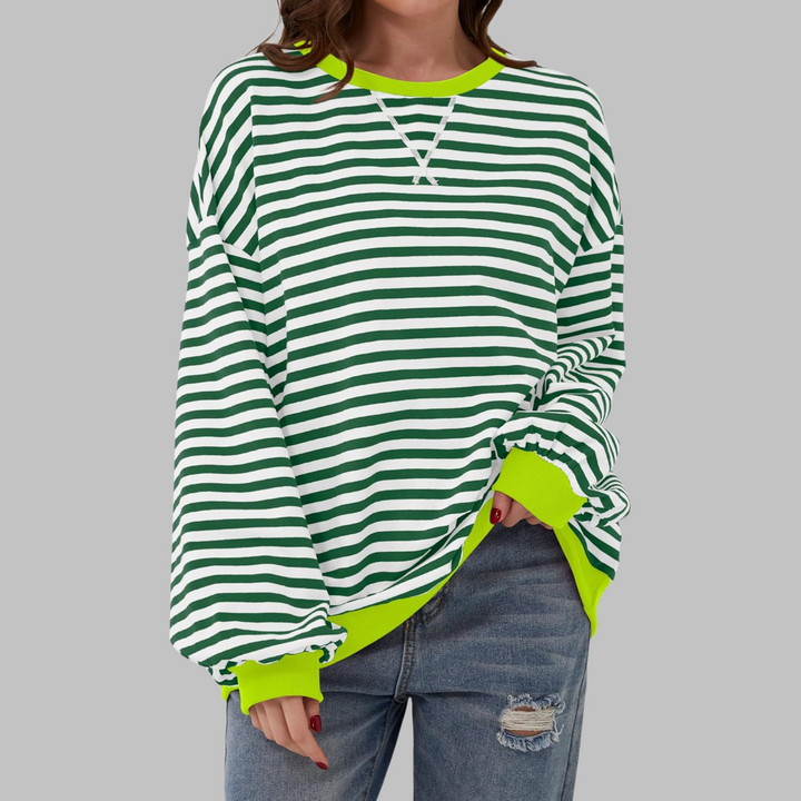 Sabine green and white striped sweatshirt with neon yellow trim, front view