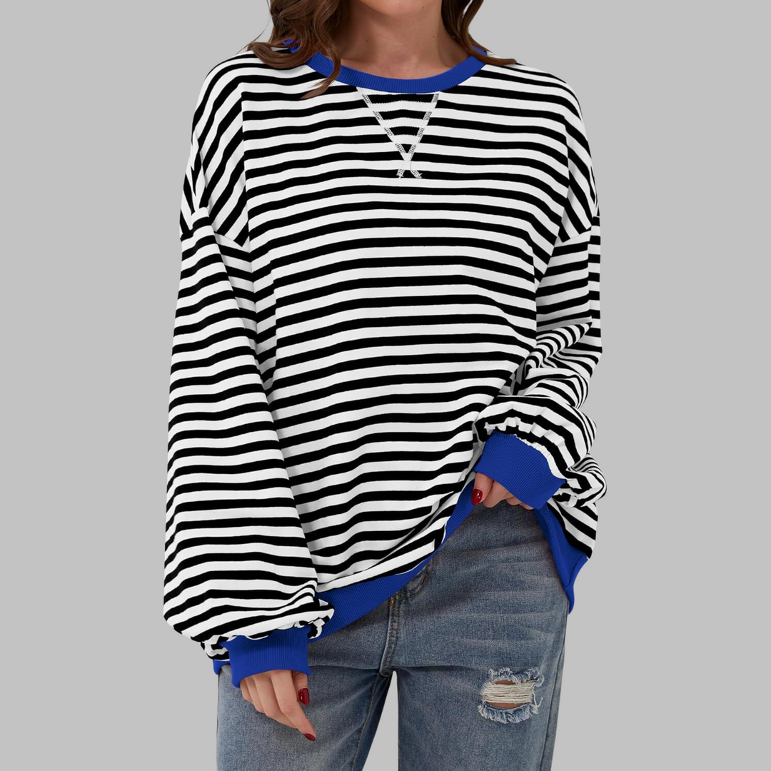 Sabine black and white striped sweatshirt with blue contrast trim, front view