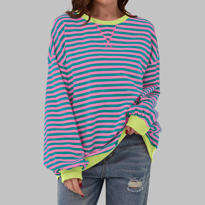 Sabine pink and teal striped sweatshirt with neon yellow trim, front view