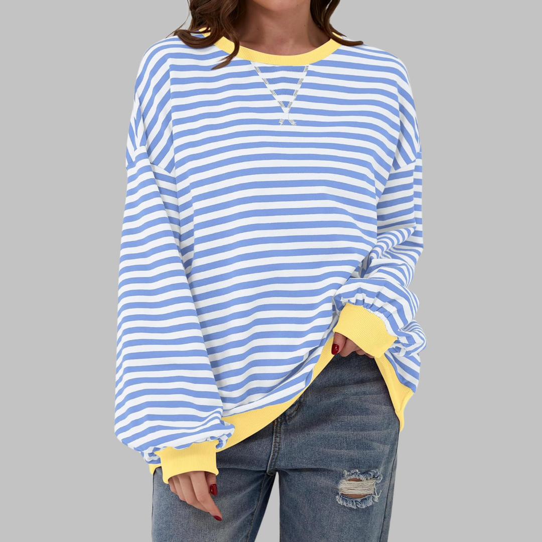 Sabine blue and white striped sweatshirt with yellow contrast trim, front view