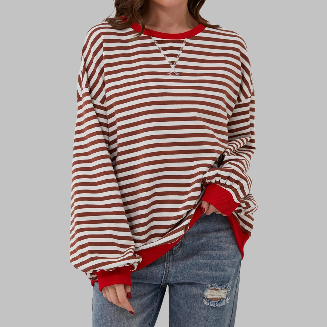 Sabine brown and white striped sweatshirt with red contrast trim, front view