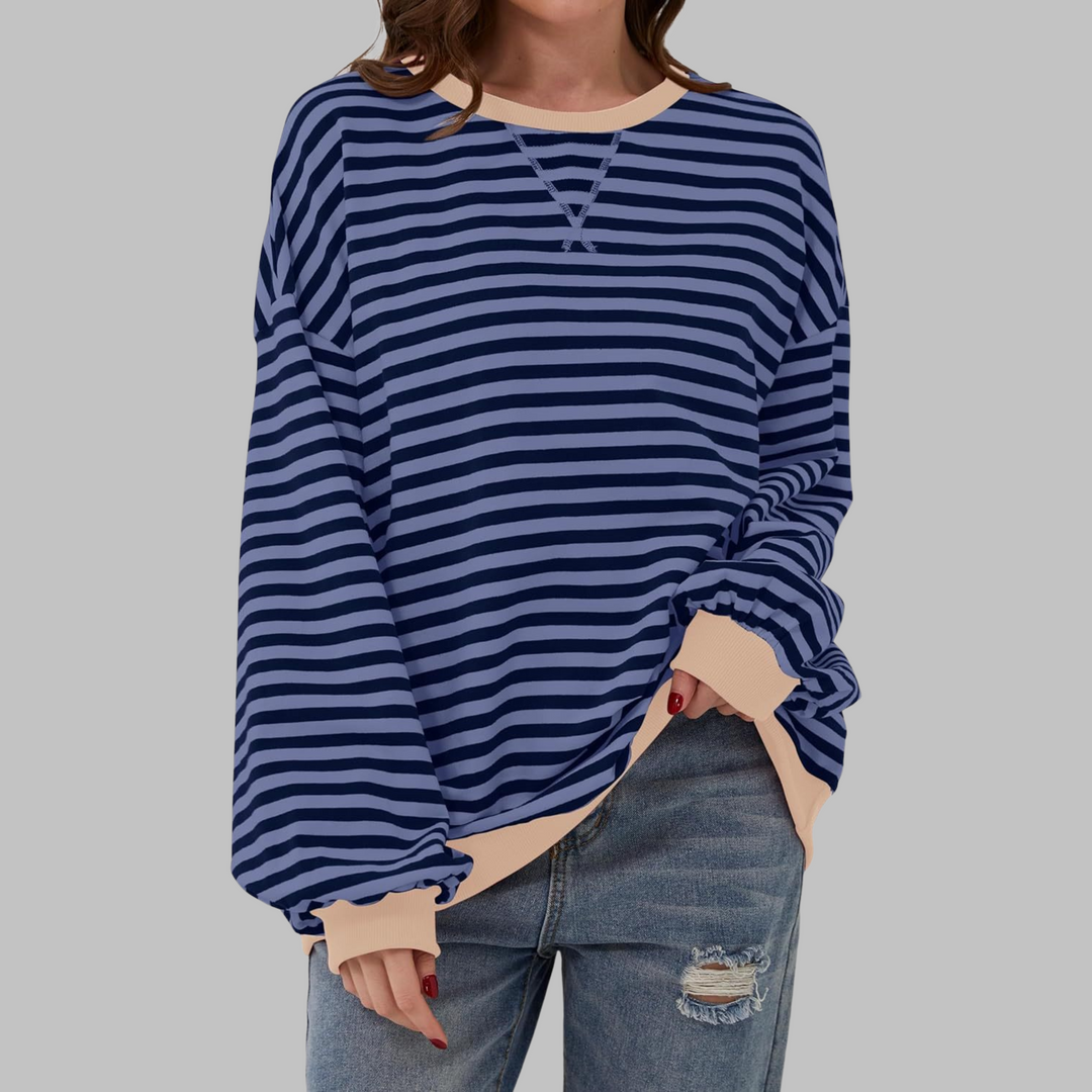 Sabine navy and blue striped sweatshirt with beige contrast trim, front view