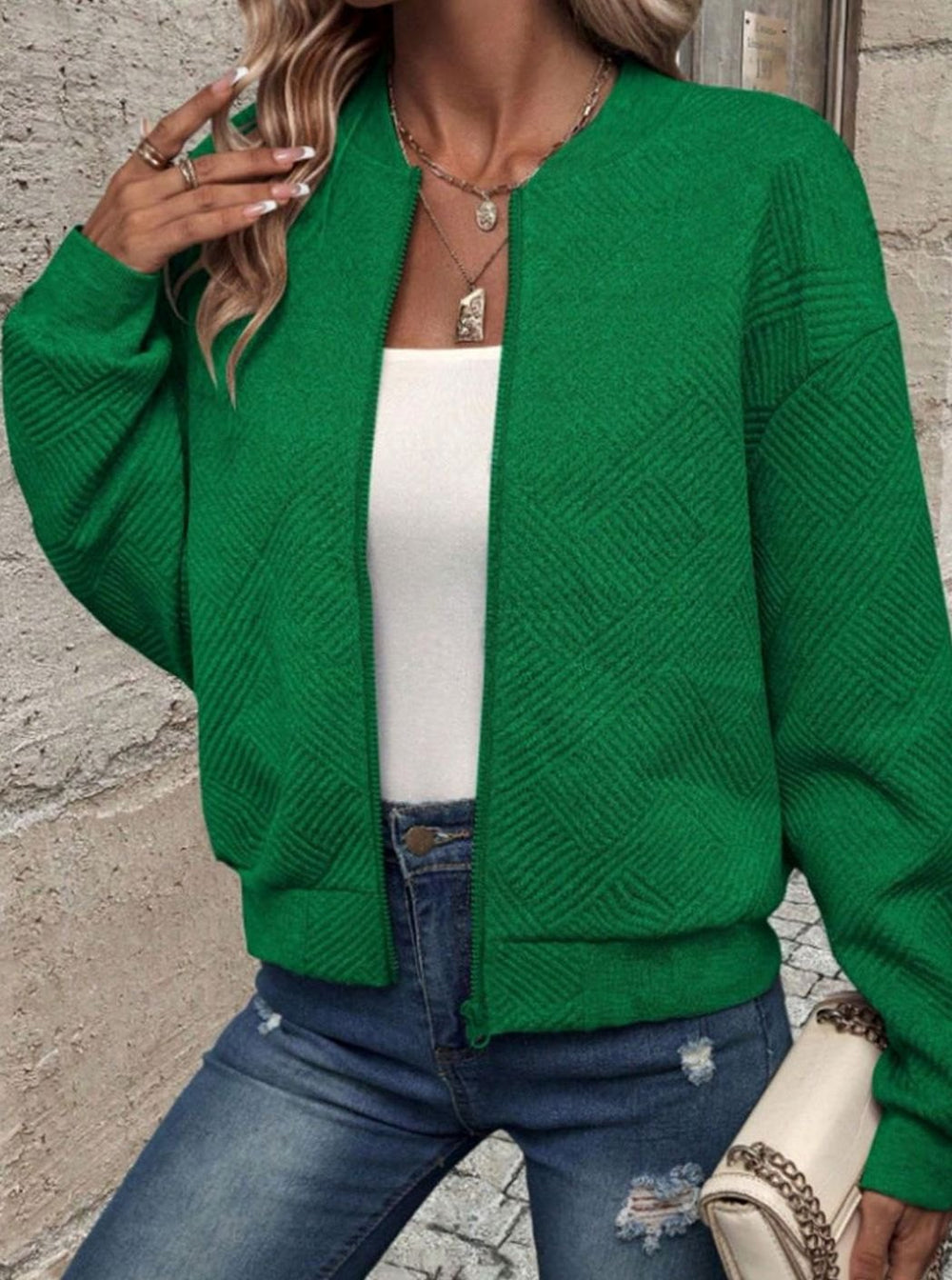 Sabine green textured knit zip-up bomber jacket, front view close-up