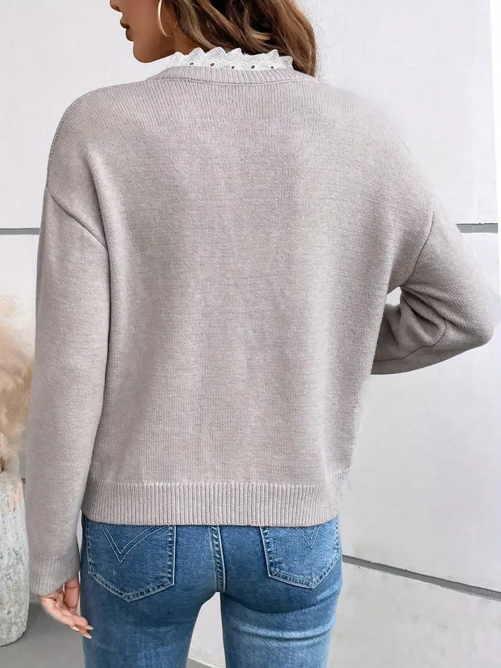 Seraphine lace collar V-neck sweater in gray, close-up front view