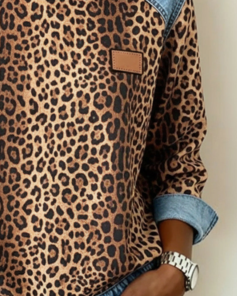 Seraphine leopard print sweatshirt, side view with denim cuff detail