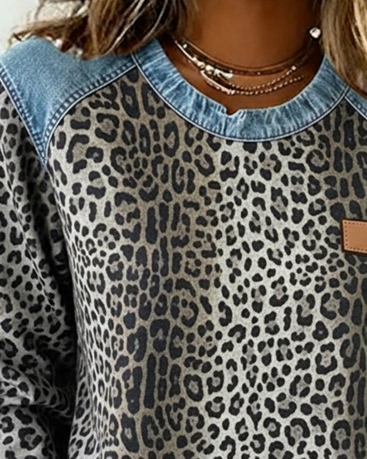 Seraphine gray leopard print sweatshirt, close-up neckline detail