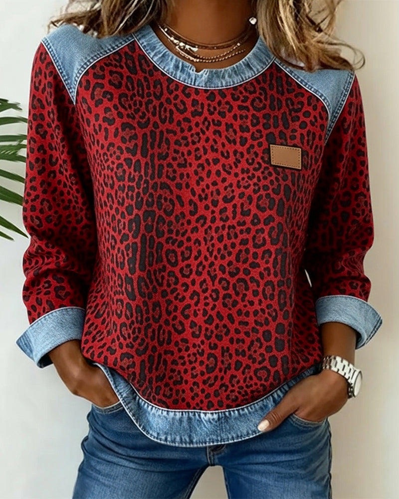 Seraphine red leopard print colorblock sweatshirt, front view