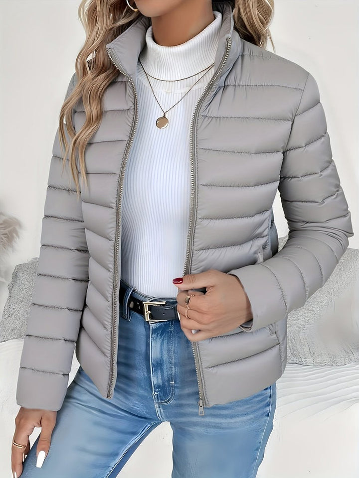 Sienna gray quilted puffer jacket, close-up front view