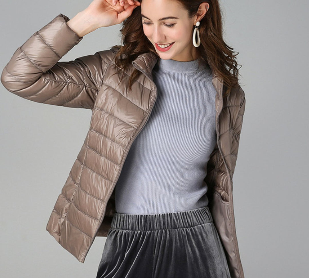 Sienna taupe quilted puffer jacket, lightweight style worn with knit sweater