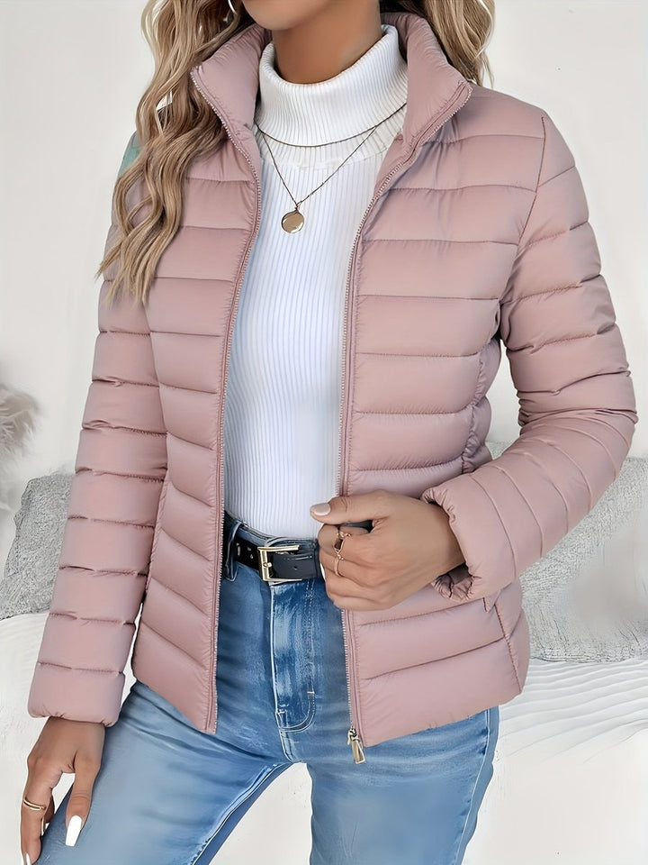 Sienna dusty pink quilted puffer jacket, front detail view