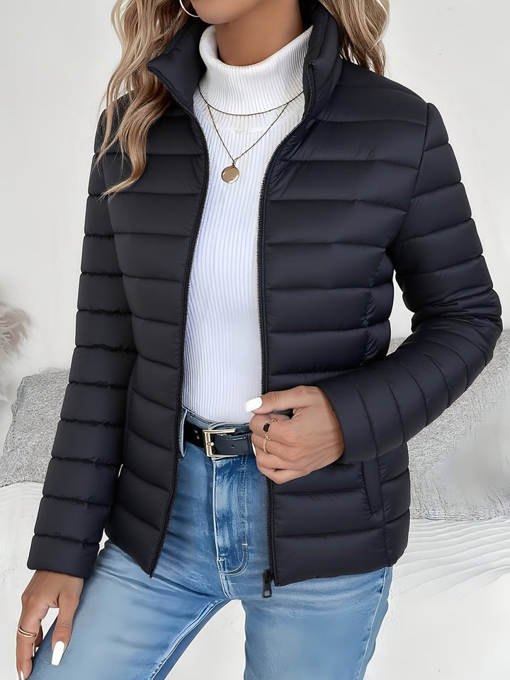 Sienna black quilted puffer jacket, front view