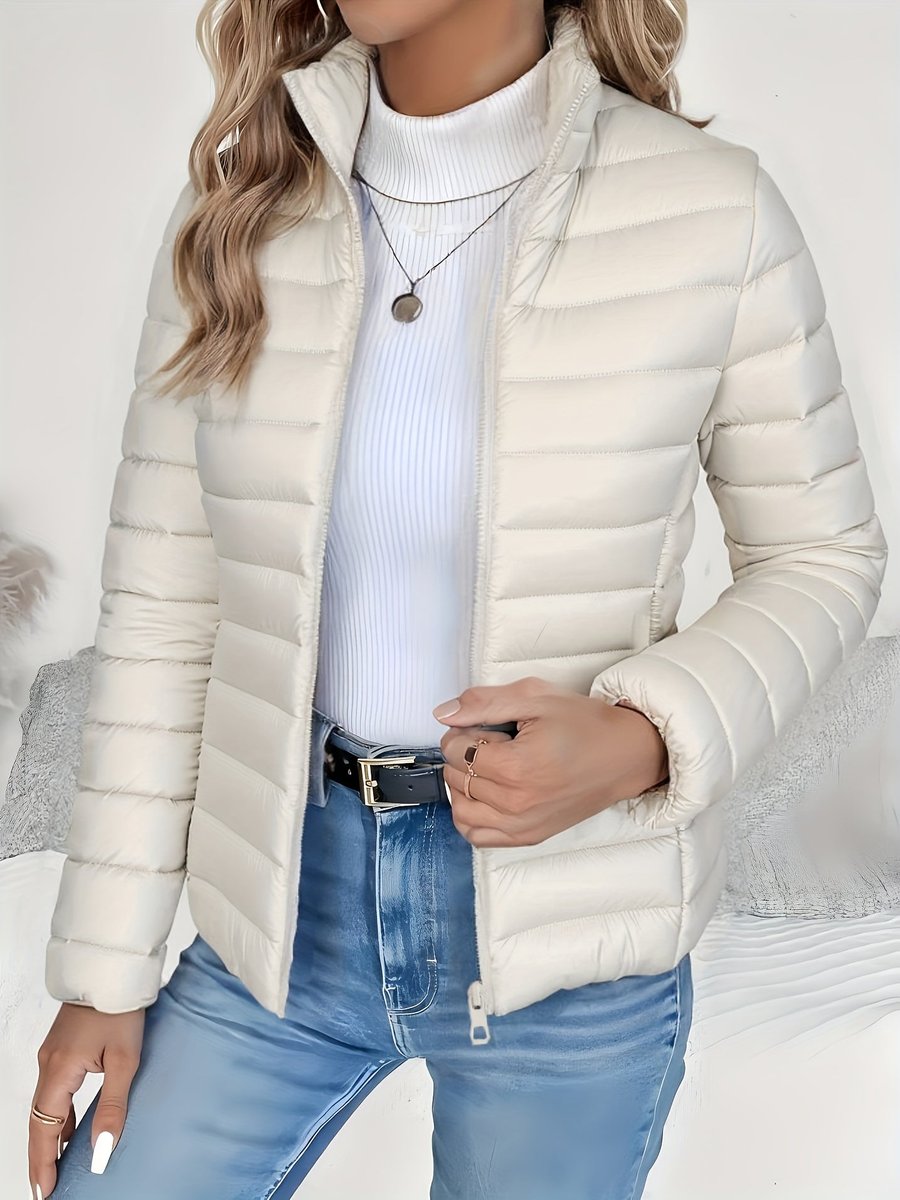 Sienna ivory quilted puffer jacket, front detail view