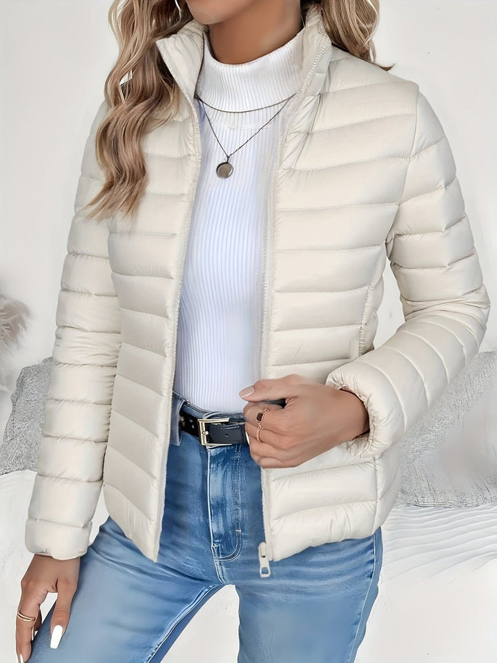 Sienna ivory quilted puffer jacket, front detail view