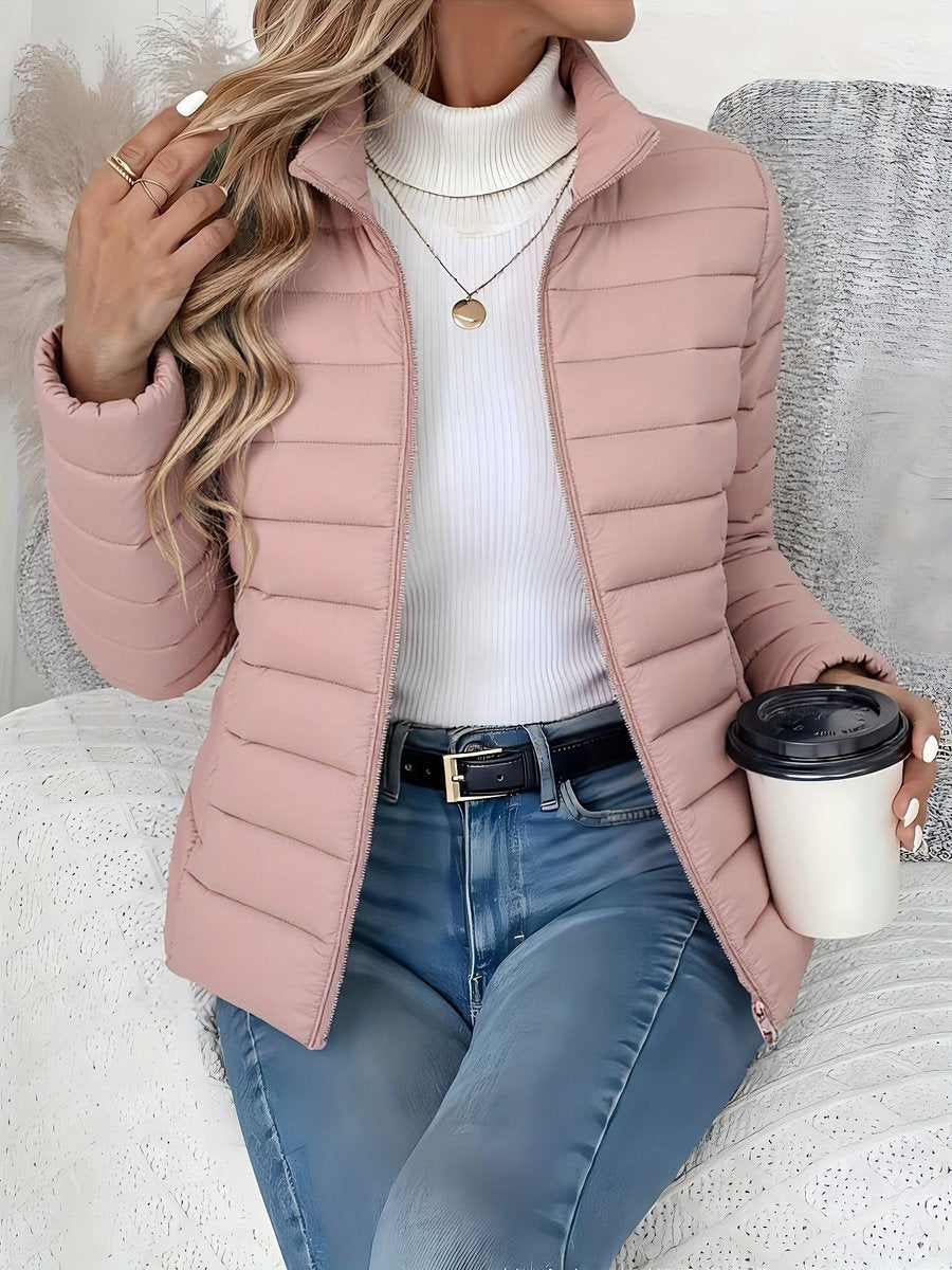 Sienna dusty pink quilted puffer jacket, front view seated