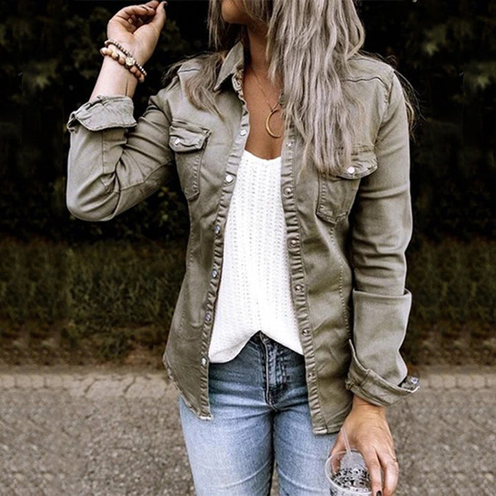 Sienna denim jacket front view with button closure and chest pockets in taupe