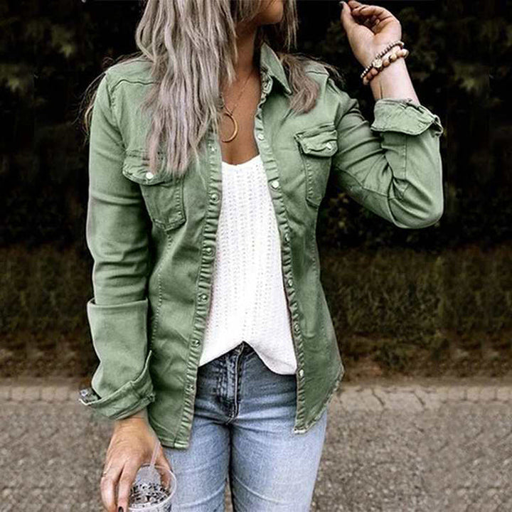 Sienna denim jacket front view with button closure and chest pockets in olive green