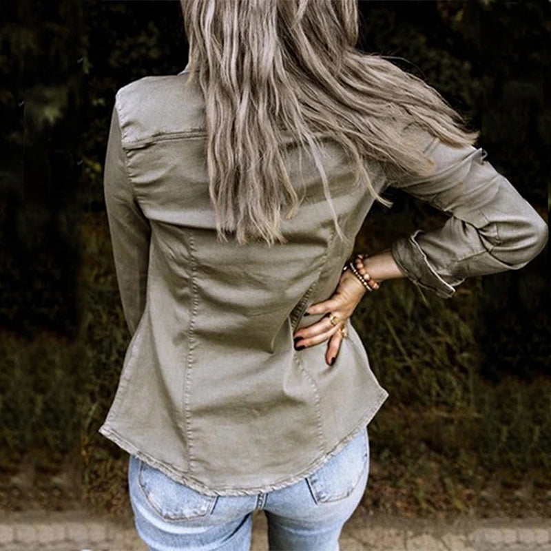 Sienna denim jacket back view highlighting seam detail in taupe