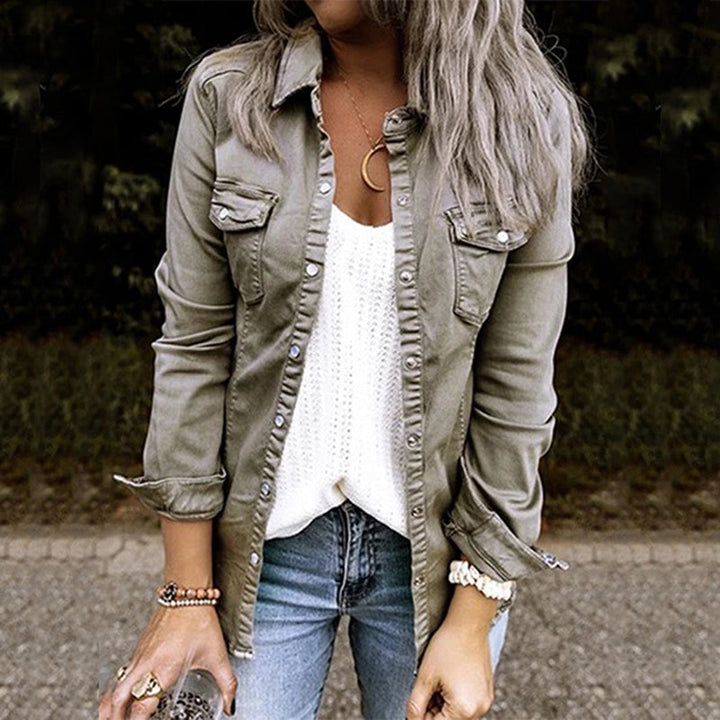 Sienna denim jacket close-up of collar and button placket in taupe