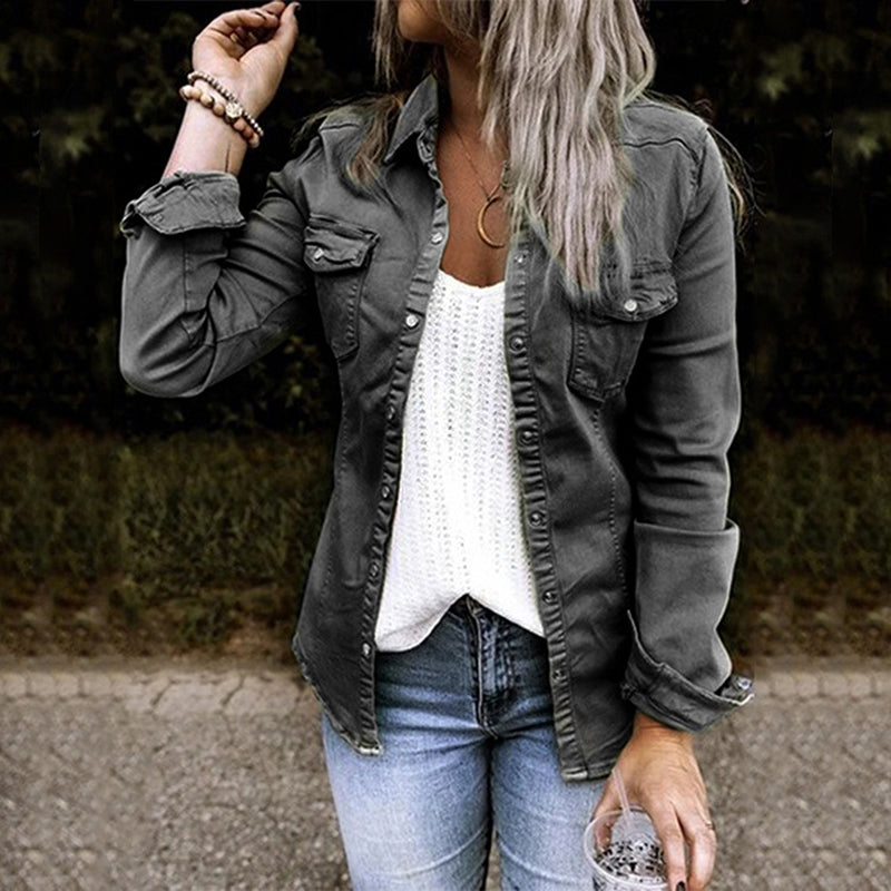 Sienna denim jacket close-up of collar and button placket in charcoal gray