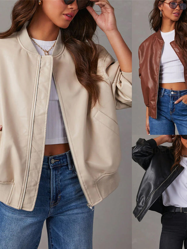 Simone bomber jacket shown in beige, brown, and black colorways
