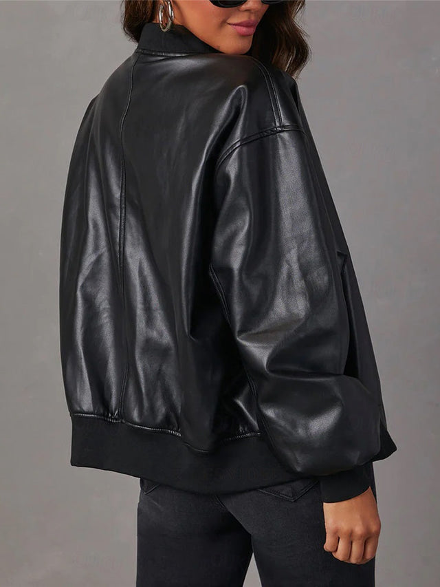 Simone black bomber jacket, back view showing ribbed hem