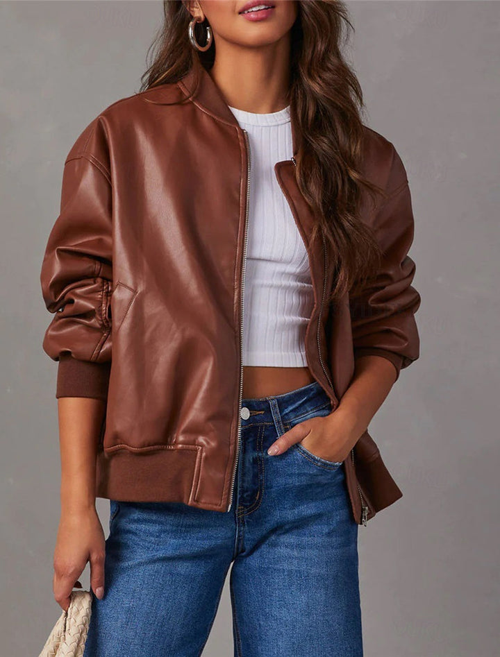 Simone brown bomber jacket, close-up front view with ribbed collar
