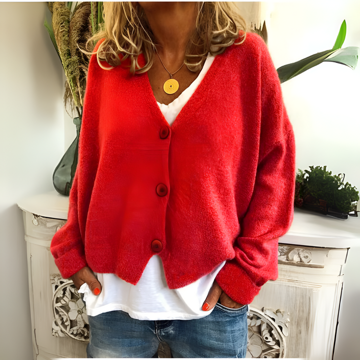 Simone red relaxed V-neck knit cardigan, front view