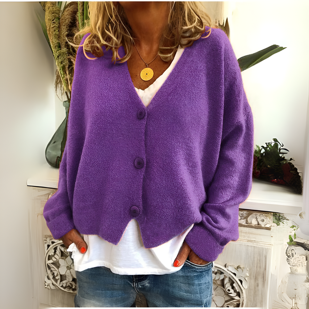 Simone purple relaxed V-neck knit cardigan, front view