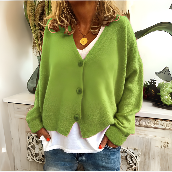Simone green relaxed V-neck knit cardigan, front view