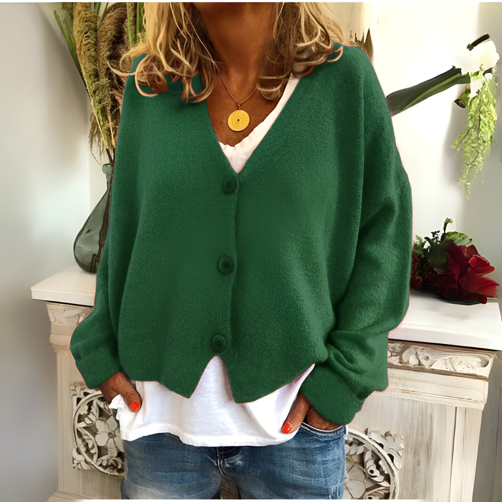 Simone dark green relaxed V-neck knit cardigan, front view