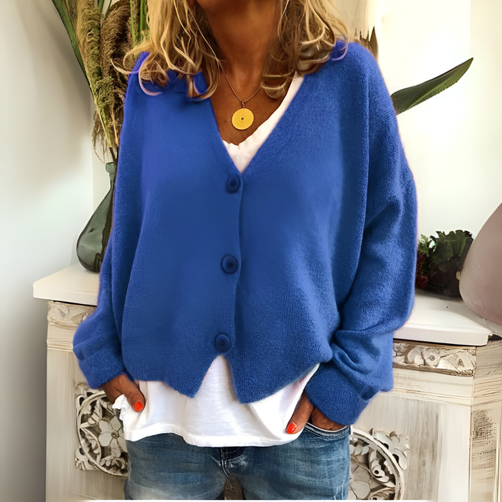 Simone blue relaxed V-neck knit cardigan, front view