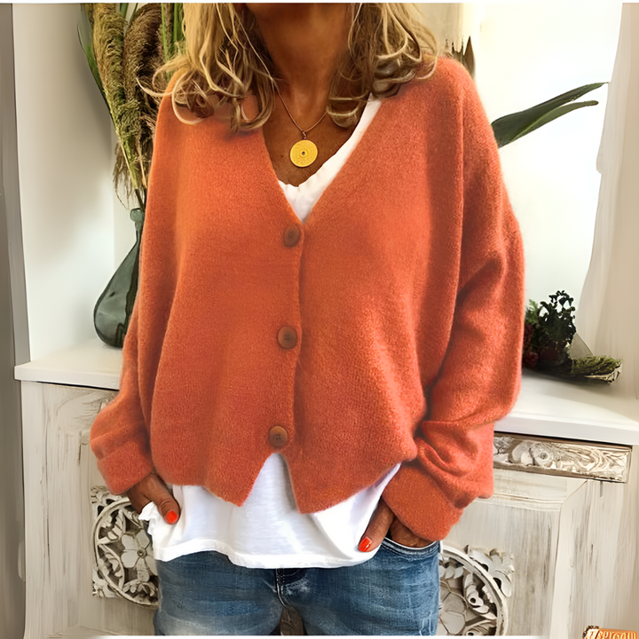 Simone orange relaxed V-neck knit cardigan, front view