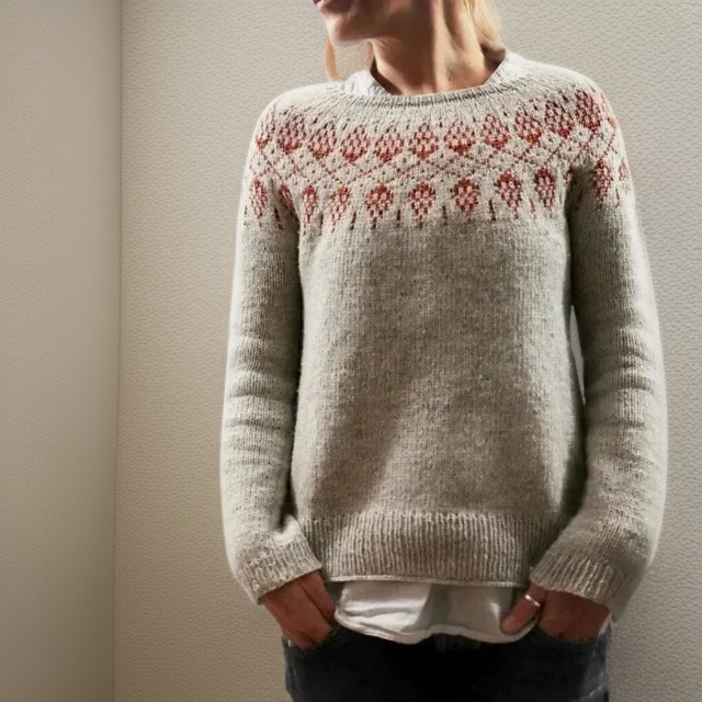 Solveig Fair Isle crew neck sweater with patterned yoke, front view