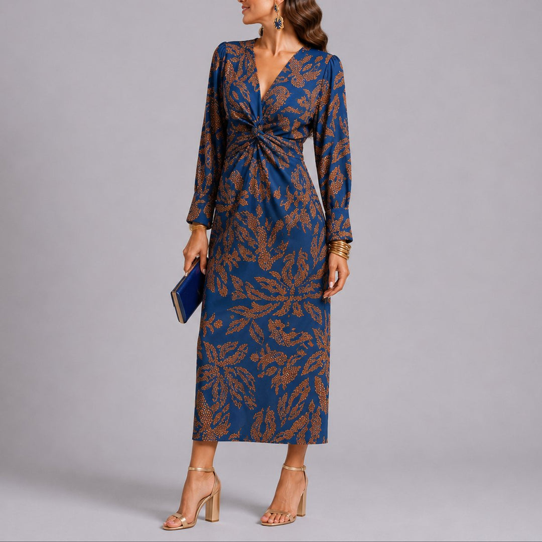 Sophie floral twist front midi dress in blue, front view with navy clutch