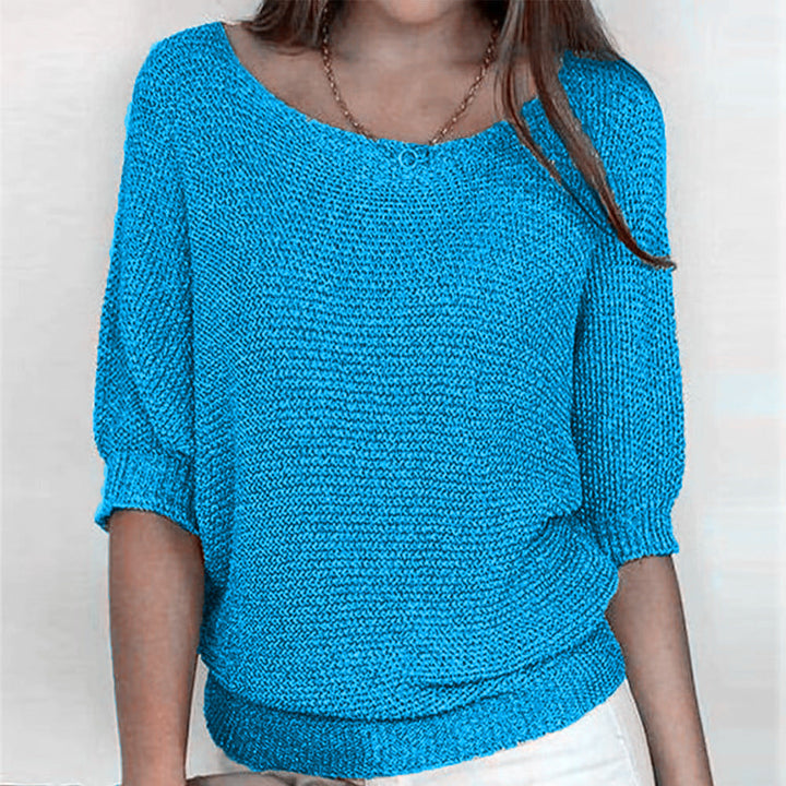 Sylvie boat neck batwing sleeve sweater in blue, front view