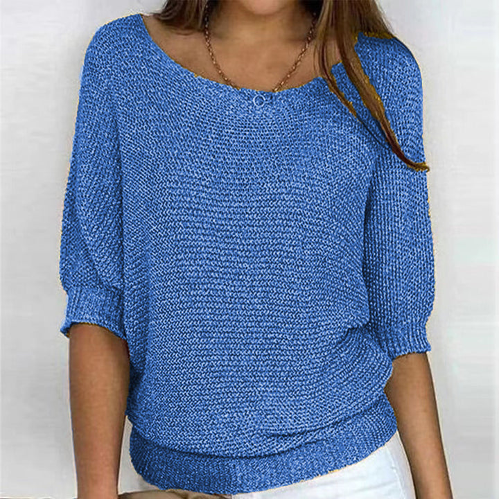 Sylvie boat neck batwing sleeve sweater in light blue, front view
