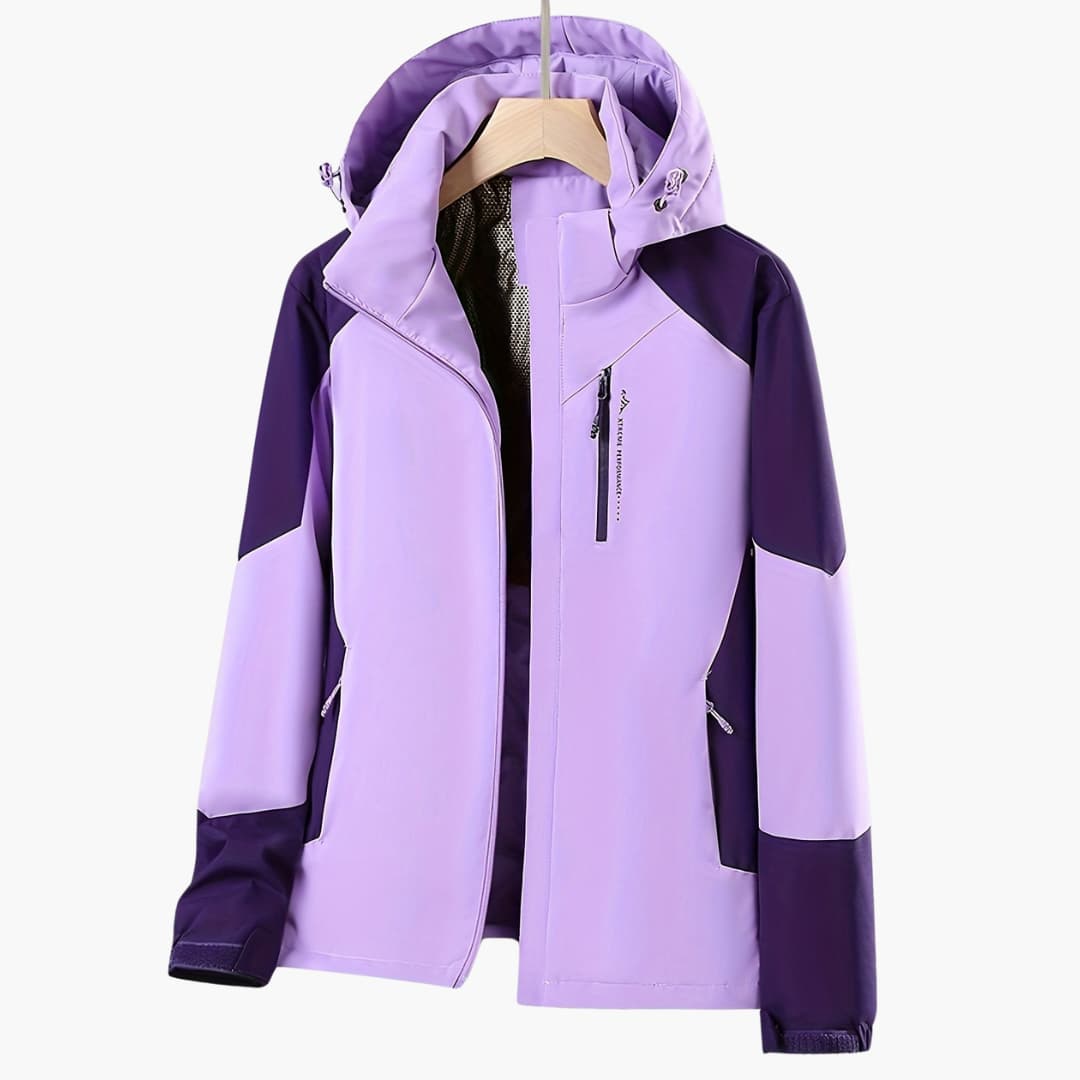 Sylvie purple color block hooded windproof jacket, front view on hanger