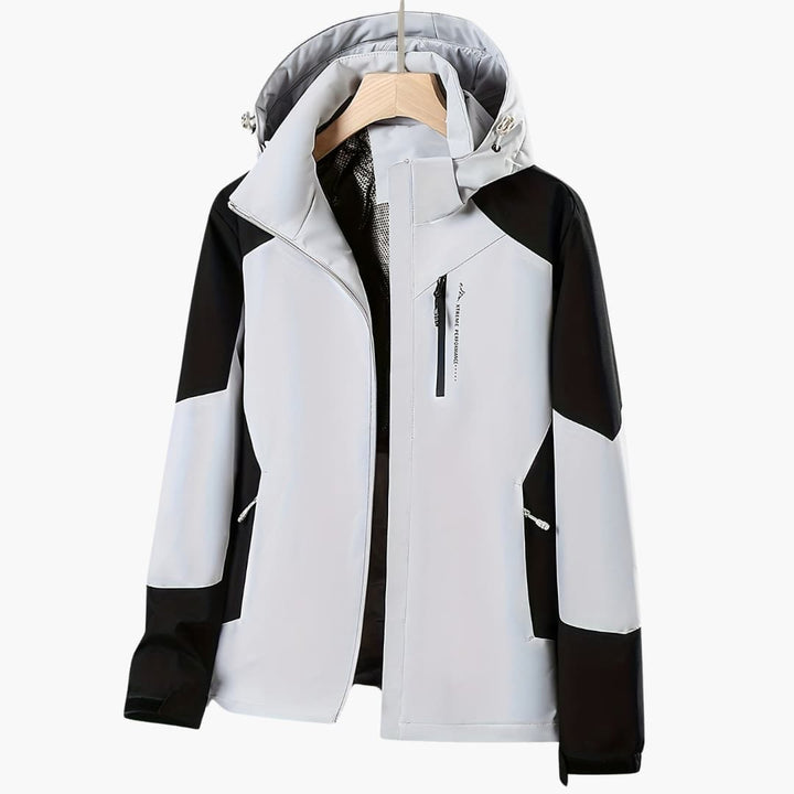 Sylvie gray and black color block hooded jacket, front view on hanger