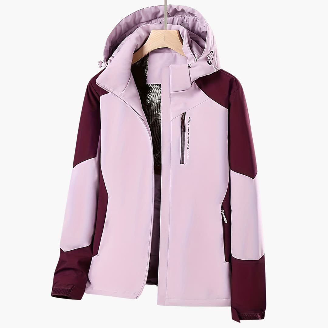 Sylvie mauve and burgundy color block hooded jacket, front view on hanger