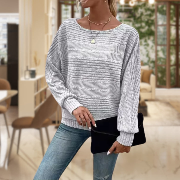 Sylvie ribbed batwing sleeve sweater in light gray, front view close up